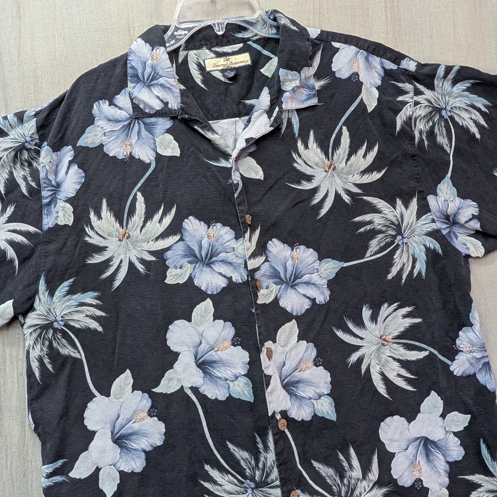 Tommy Bahama Mens XL Silk Camp Shirt Black Blue Hibiscus Palm Tropical Floral